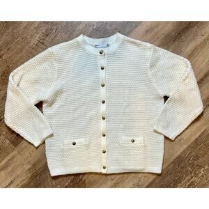 Womens Vintage Sarah Bentley Waffle Knit Grandma Cardigan, Off White, Sz M